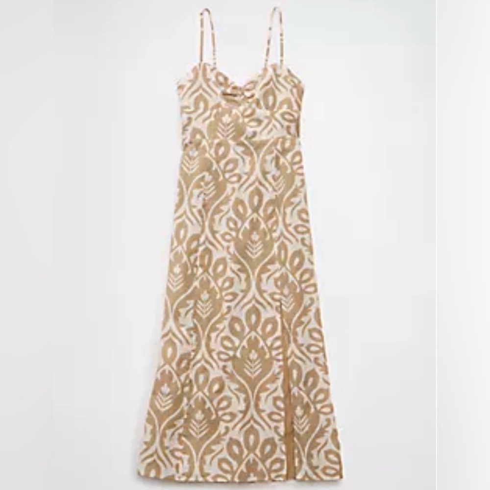 American Eagle Outfitters AE Catie Corset Printed Column Midi Dress in Soft Oat